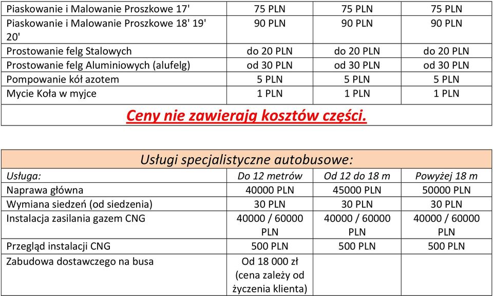 Usługi specjalistyczne autobusowe: Usługa: Do 12 metrów Od 12 do 18 m Powyżej 18 m Naprawa główna 40000 45000 50000 Wymiana siedzeń (od siedzenia) 30 30 30