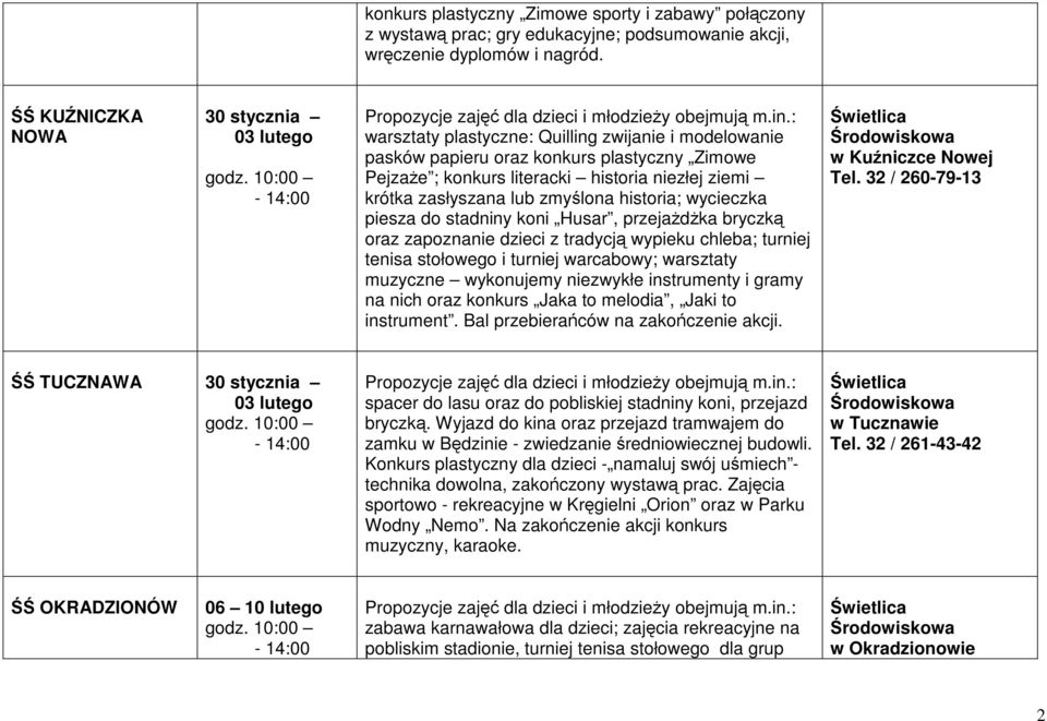 historia; wycieczka piesza do stadniny koni Husar, przejaŝdŝka bryczką oraz zapoznanie dzieci z tradycją wypieku chleba; turniej tenisa stołowego i turniej warcabowy; warsztaty muzyczne wykonujemy