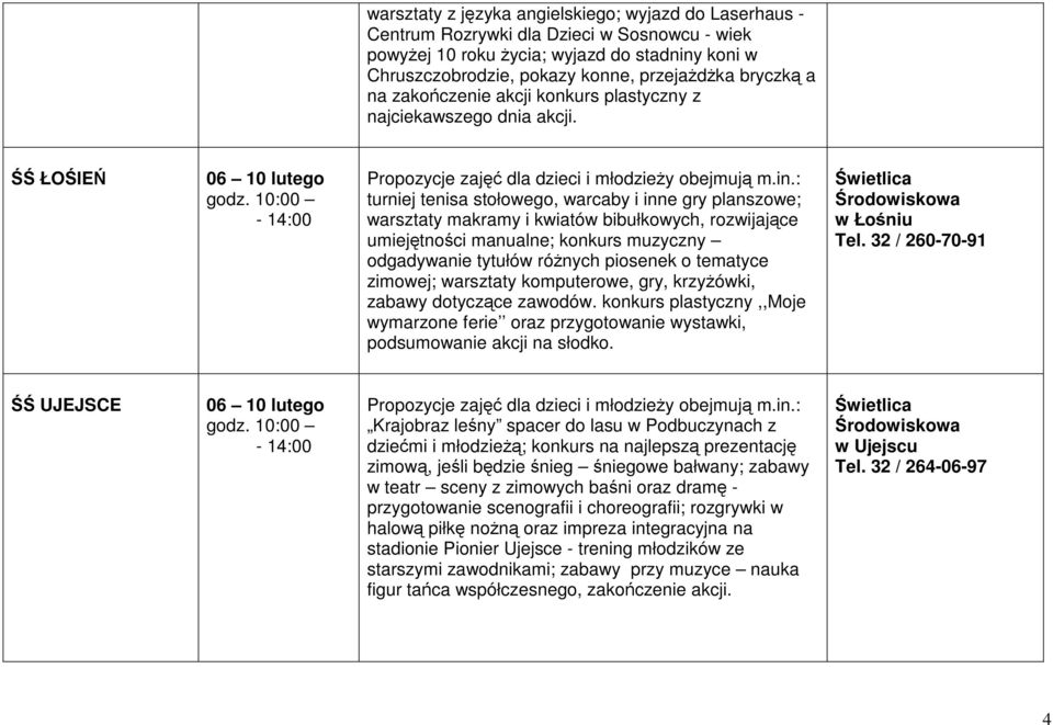 ŚŚ ŁOŚIEŃ turniej tenisa stołowego, warcaby i inne gry planszowe; warsztaty makramy i kwiatów bibułkowych, rozwijające umiejętności manualne; konkurs muzyczny odgadywanie tytułów róŝnych piosenek o