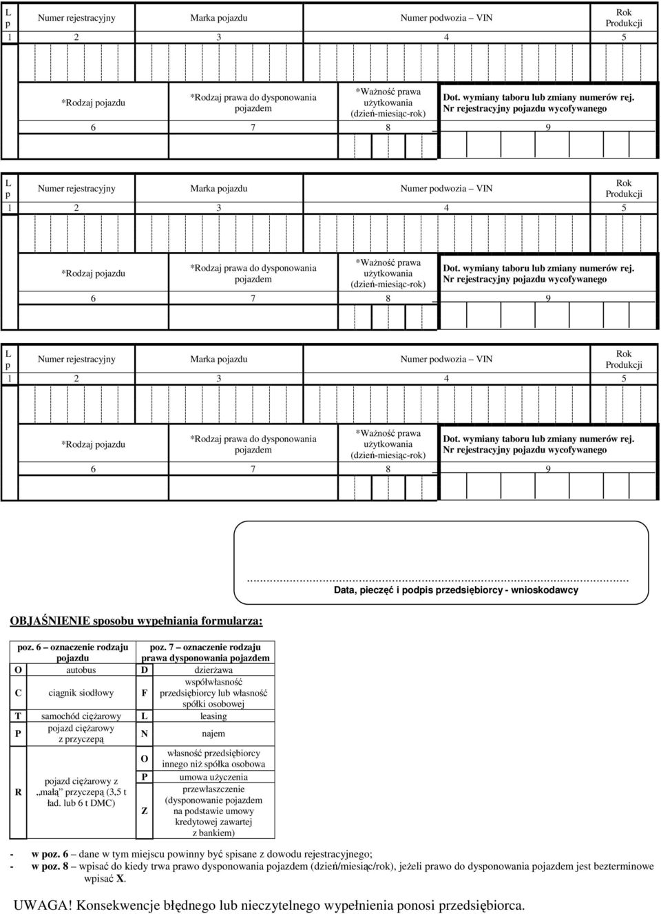 ojazdu wycofywanego OBJAŚNIENIE sosobu wyełniania formularza: oz. 6 oznaczenie rodzaju ojazdu oz.