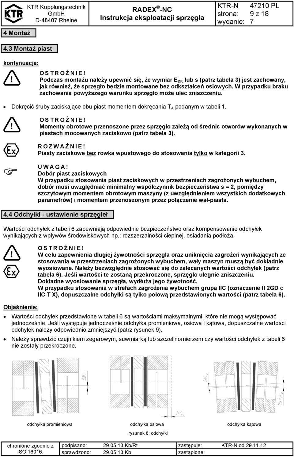 W przypadku braku zachowania powyższego warunku sprzęgło może ulec zniszczeniu. Dokręcić śruby zaciskające obu piast momentem dokręcania T A podanym w tabeli 1.