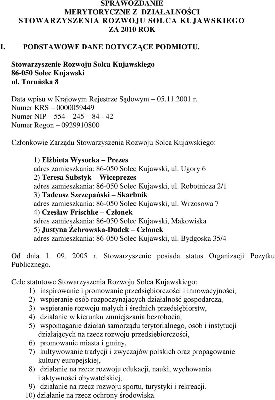 Numer KRS 0000059449 Numer NIP 554 245 84-42 Numer Regon 0929910800 Członkowie Zarządu Stowarzyszenia Rozwoju Solca Kujawskiego: 1) Elżbieta Wysocka Prezes adres zamieszkania: 86-050 Solec Kujawski,