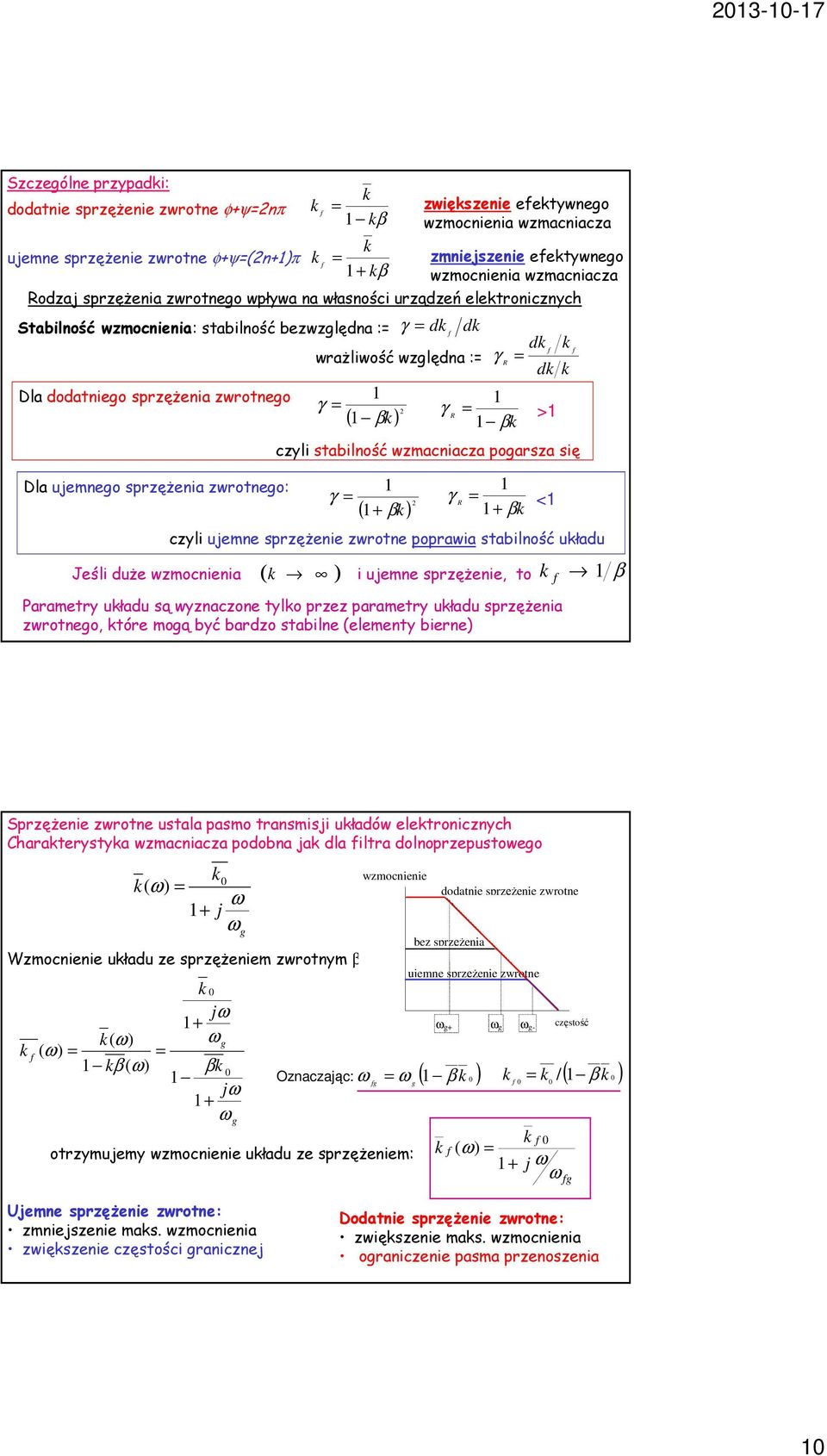 zwrotnego γ = γ = ( β ) 2 > β czyli stabilność wzmacniacza pogarsza się Dla ujemnego sprzężenia zwrotnego: Jeśli duże wzmocnienia γ = ( ) ( + β ) 2 i ujemne sprzężenie, to Parametry uładu są