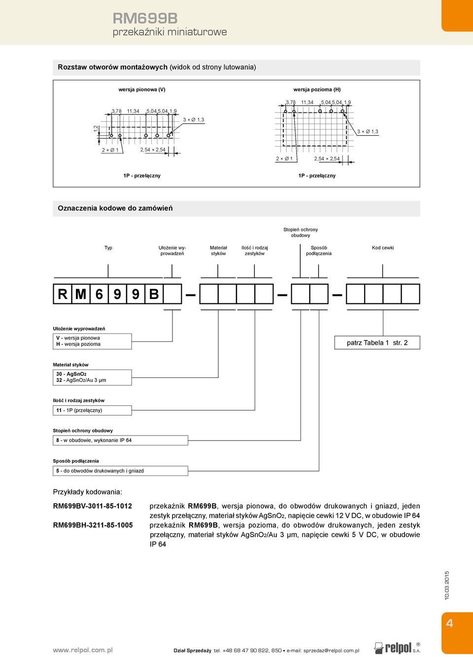 2 Materiał styków 30 - AgSnO2 32 - AgSnO2/Au 3 µm Ilość i rodzaj zestyków 11-1P (przełączny) Stopień ochrony obudowy 8 - w obudowie, wykonanie IP 64 Sposób podłączenia 5 - do obwodów drukowanych i
