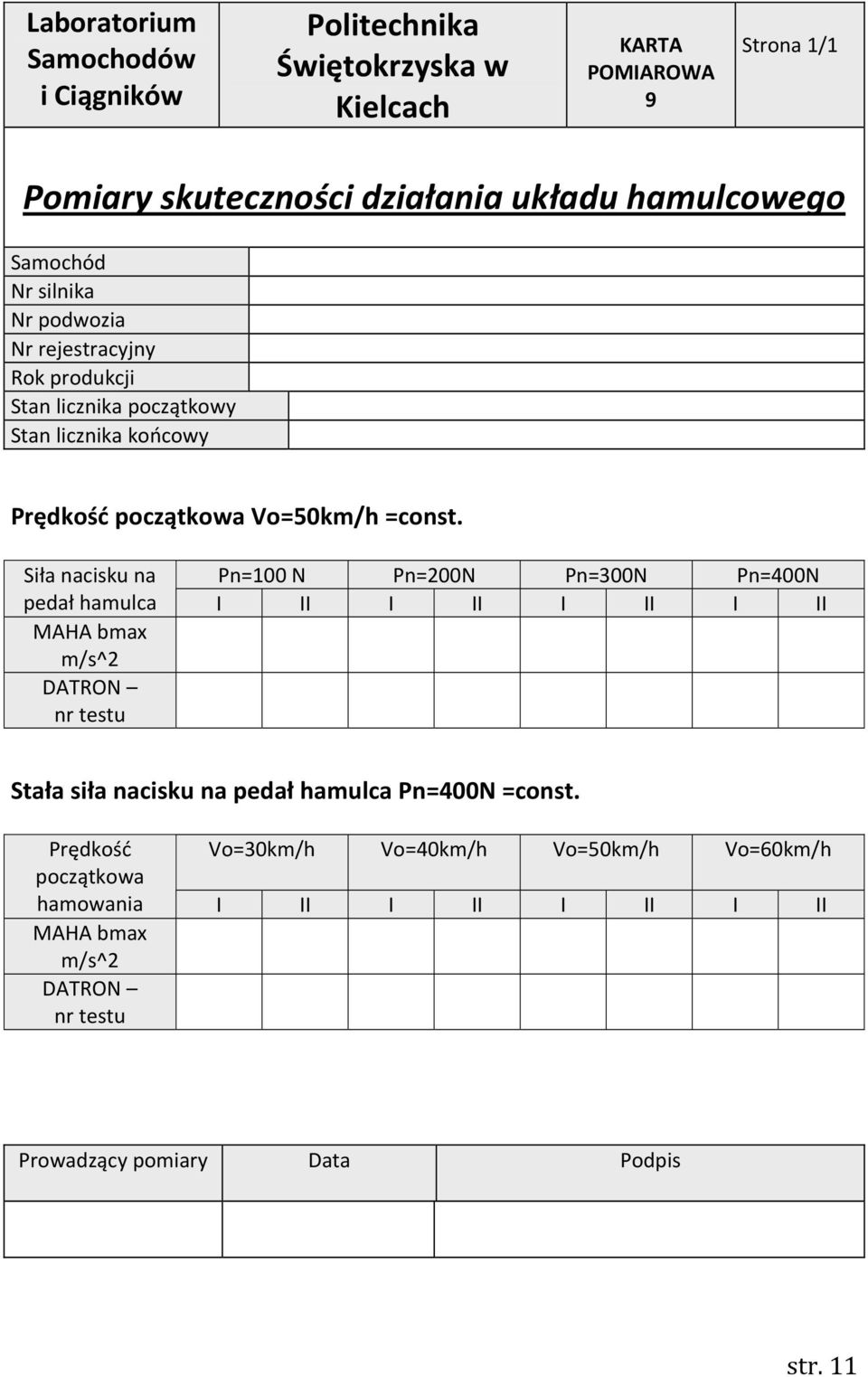 m/s^ DATRON nr testu Stała siła nacisku na pedał hamulca Pn=400N =const.