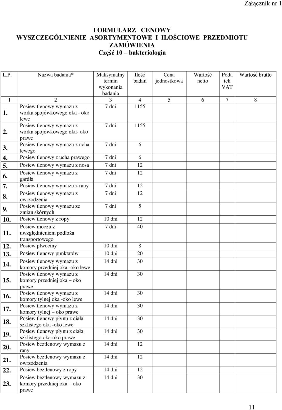 lewego 4. Posiew tlenowy z ucha prawego 7 dni 6 5. Posiew tlenowy wymazu z nosa 7 dni 12 Posiew tlenowy wymazu z 7 dni 12 6. gardła 7.