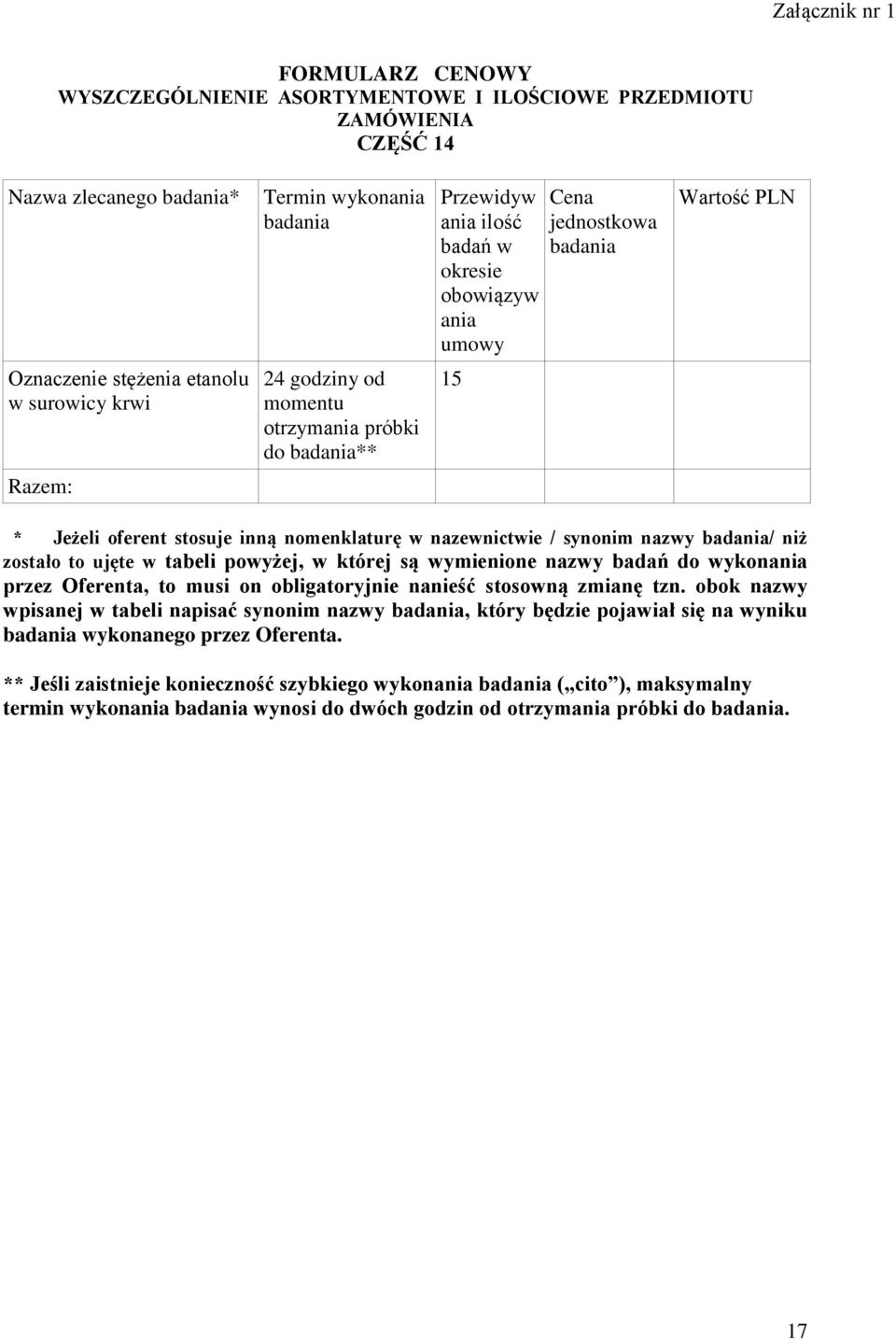 ujęte w tabeli powyżej, w której są wymienione nazwy badań do wpisanej w tabeli napisać synonim nazwy, który będzie pojawiał się na wyniku