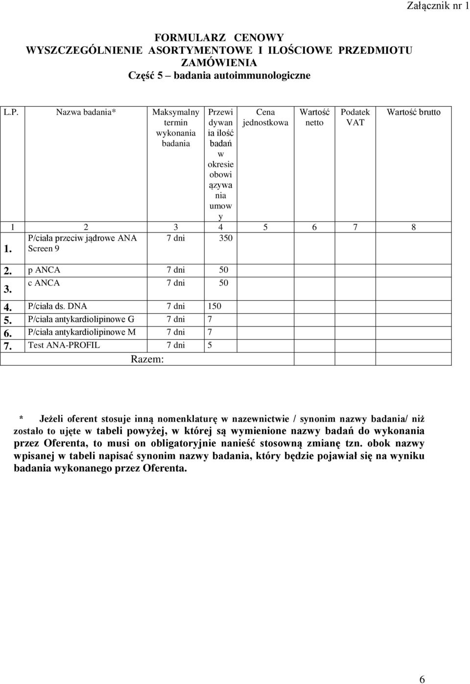 P/ciała ds. DNA 7 dni 150 5. P/ciała antykardiolipinowe G 7 dni 7 6. P/ciała antykardiolipinowe M 7 dni 7 7.