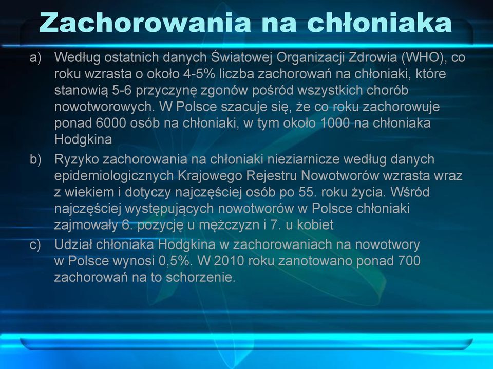 W Polsce szacuje się, że co roku zachorowuje ponad 6000 osób na chłoniaki, w tym około 1000 na chłoniaka Hodgkina b) Ryzyko zachorowania na chłoniaki nieziarnicze według danych