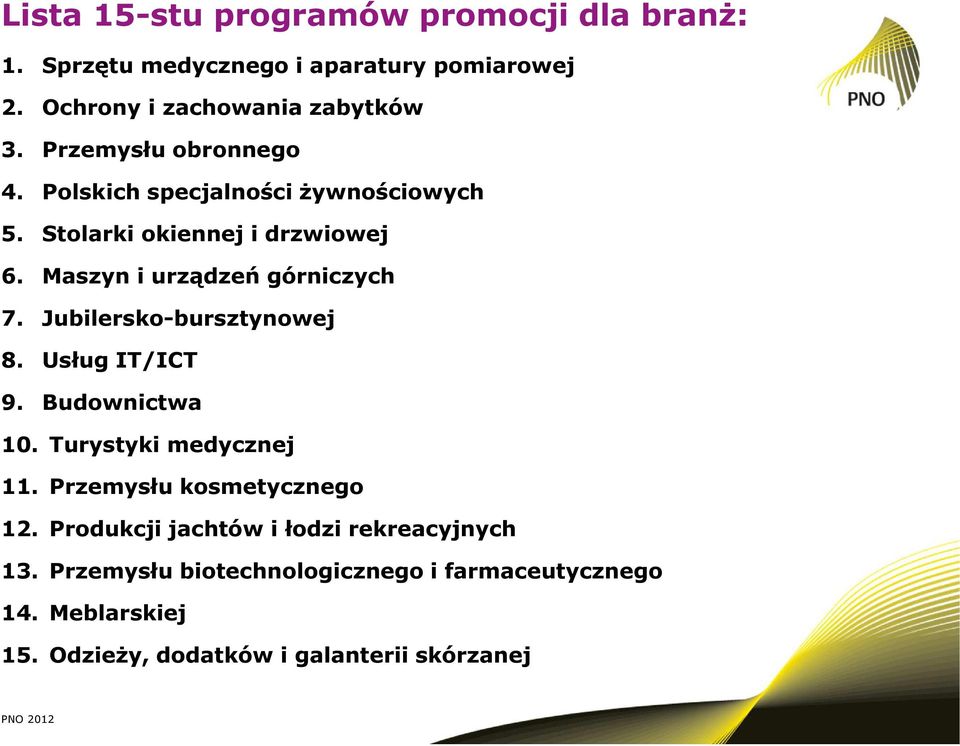 Jubilersko-bursztynowej 8. Usług IT/ICT 9. Budownictwa 10. Turystyki medycznej 11. Przemysłu kosmetycznego 12.