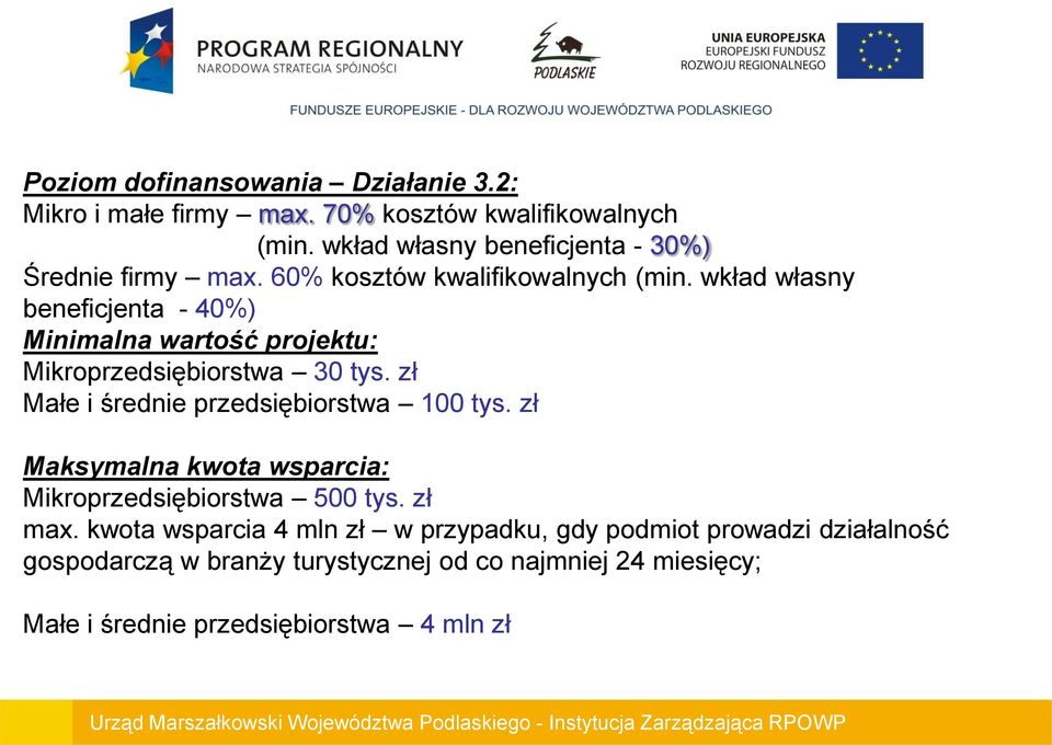 wkład własny beneficjenta - 40%) Minimalna wartość projektu: Mikroprzedsiębiorstwa 30 tys. zł Małe i średnie przedsiębiorstwa 100 tys.