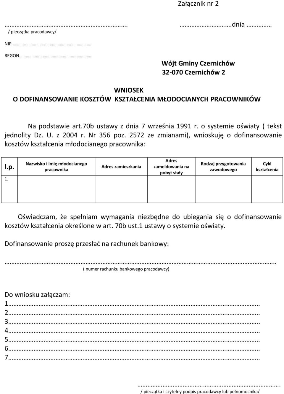 91 r. o systemie oświaty ( tekst jednolity Dz. U. z 2004 r. Nr 356 poz. 2572 ze zmianami), wnioskuję o dofinansowanie kosztów kształcenia młodocianego pracownika: l.p. 1.