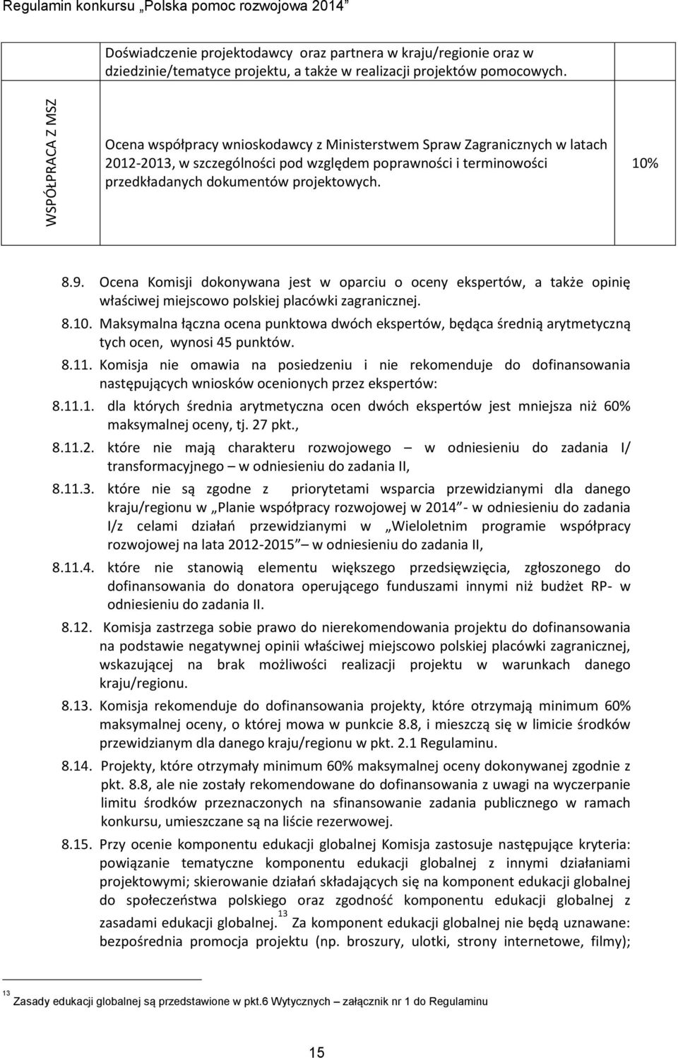 9. Ocena Komisji dokonywana jest w oparciu o oceny ekspertów, a także opinię właściwej miejscowo polskiej placówki zagranicznej. 8.10.