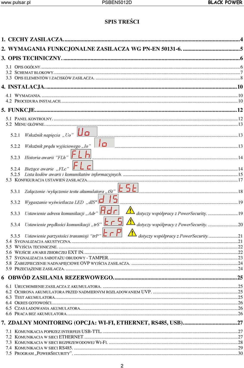 .. 13 5.2.2 Wskaźnik prądu wyjściowego Io... 13 5.2.3 Historia awarii FLh... 14 5.2.4 Bieżące awarie FLc... 14 5.2.5 Lista kodów awarii i komunikatów informacyjnych.... 15 5.