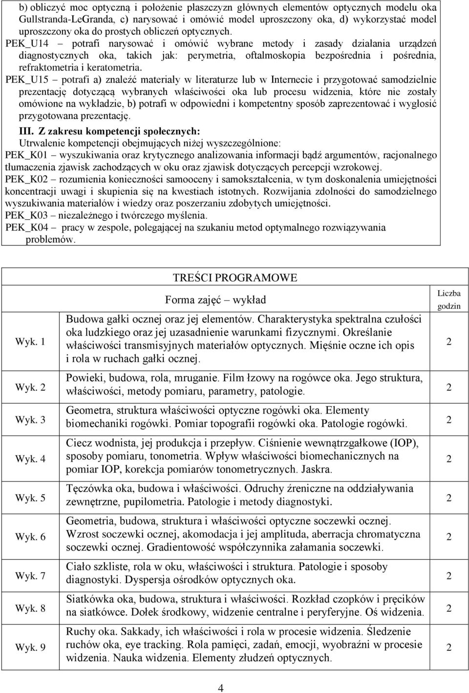 PEK_U4 potrafi narysować i omówić wybrane metody i zasady działania urządzeń diagnostycznych oka, takich jak: perymetria, oftalmoskopia bezpośrednia i pośrednia, refraktometria i keratometria.