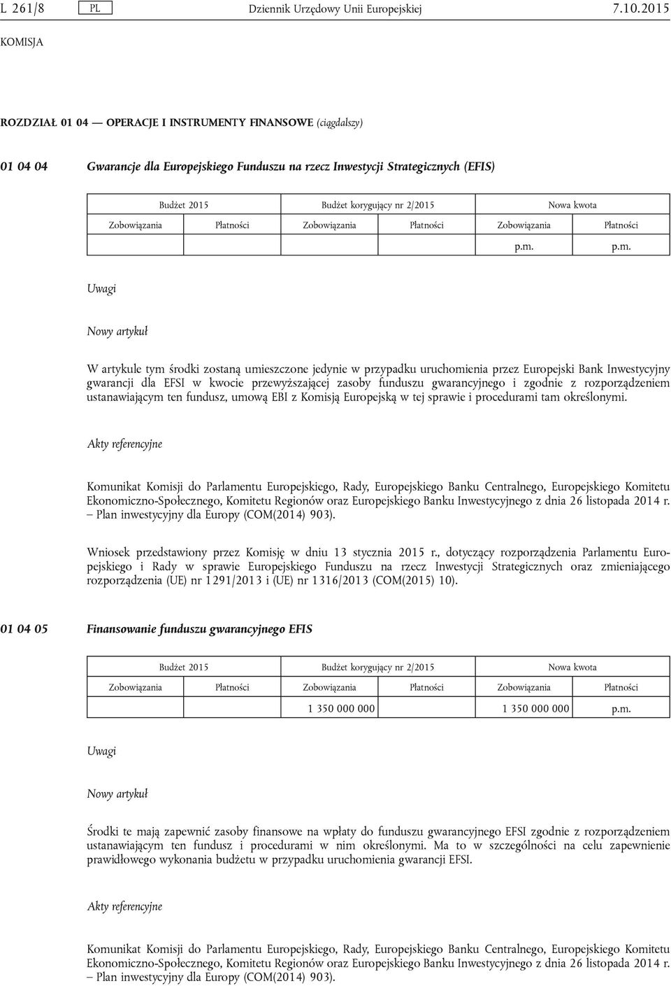 p.m. Nowy artykuł W artykule tym środki zostaną umieszczone jedynie w przypadku uruchomienia przez Europejski Bank Inwestycyjny gwarancji dla EFSI w kwocie przewyższającej zasoby funduszu