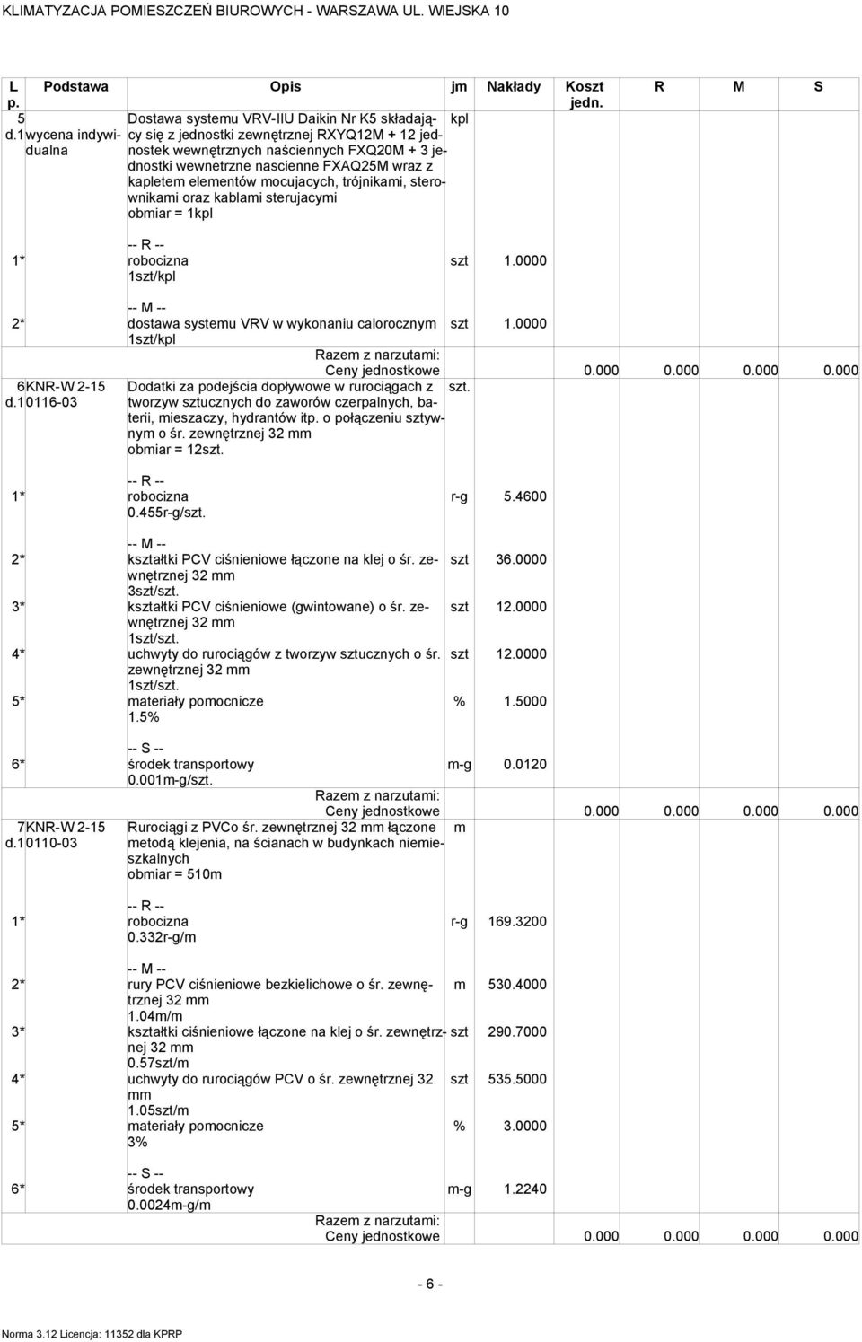 robocizna szt 1.0000 2* dostawa systeu VRV w wykonaniu caloroczny szt 1.0000 6KNR-W 2-15 d.