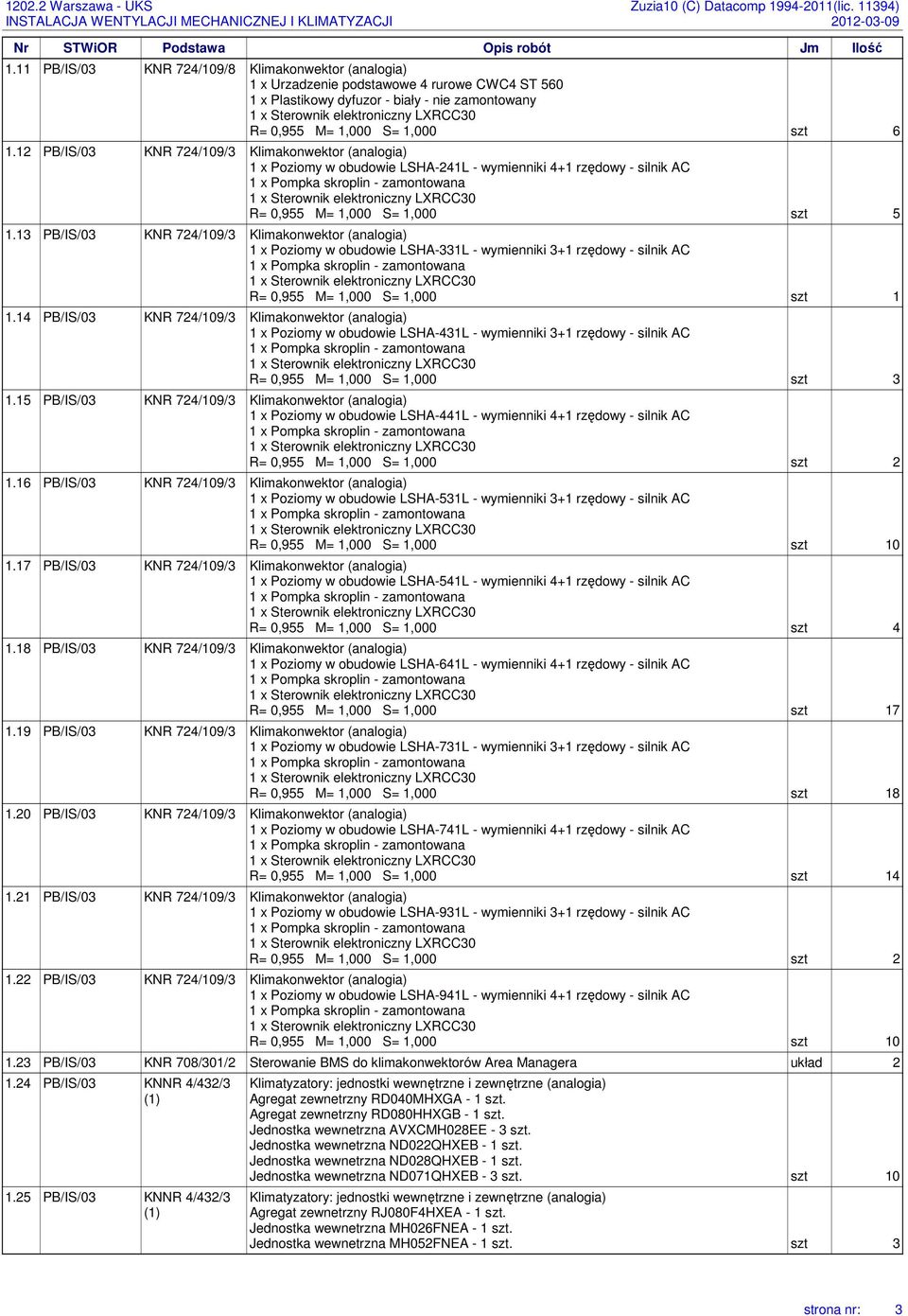 13 PB/IS/03 KNR 724/109/3 Klimakonwektor (analogia) 1 x Poziomy w obudowie LSHA-331L - wymienniki 3+1 rzędowy - silnik AC szt 1 1.