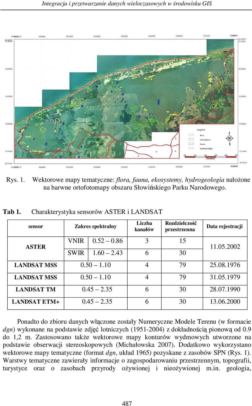 Charakterystyka sensorów ASTER i LANDSAT sensor ASTER Zakres spektralny Liczba kanałów Rozdzielczość przestrzenna VNIR 0.52 0.86 3 15 SWIR 1.60 2.43 6 30 Data rejestracji 11.05.2002 LANDSAT MSS 0.