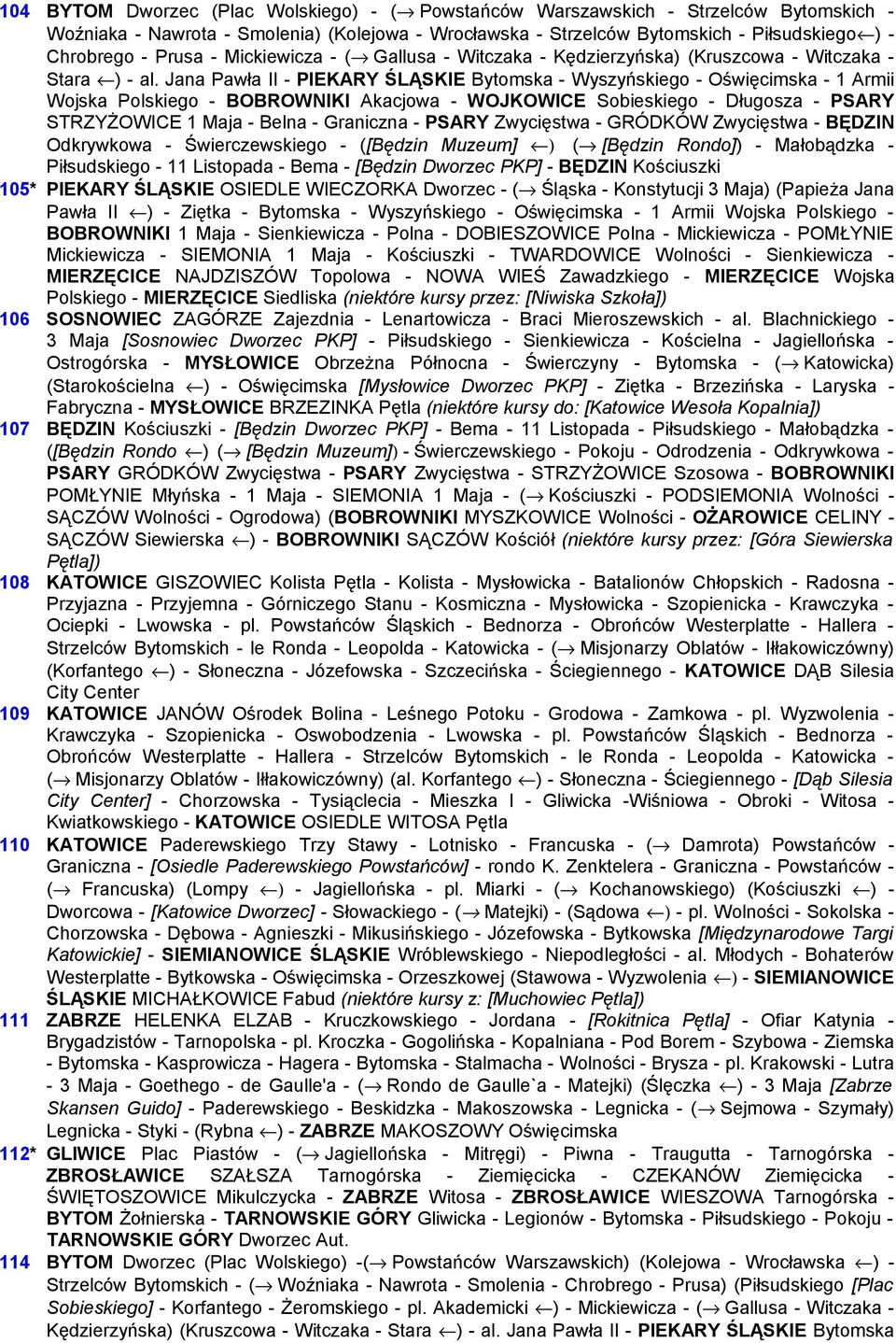 Jana Pawła II - PIEKARY ŚLĄSKIE Bytomska - Wyszyńskiego - Oświęcimska - 1 Armii Wojska Polskiego - BOBROWNIKI Akacjowa - WOJKOWICE Sobieskiego - Długosza - PSARY STRZYŻOWICE 1 Maja - Belna -