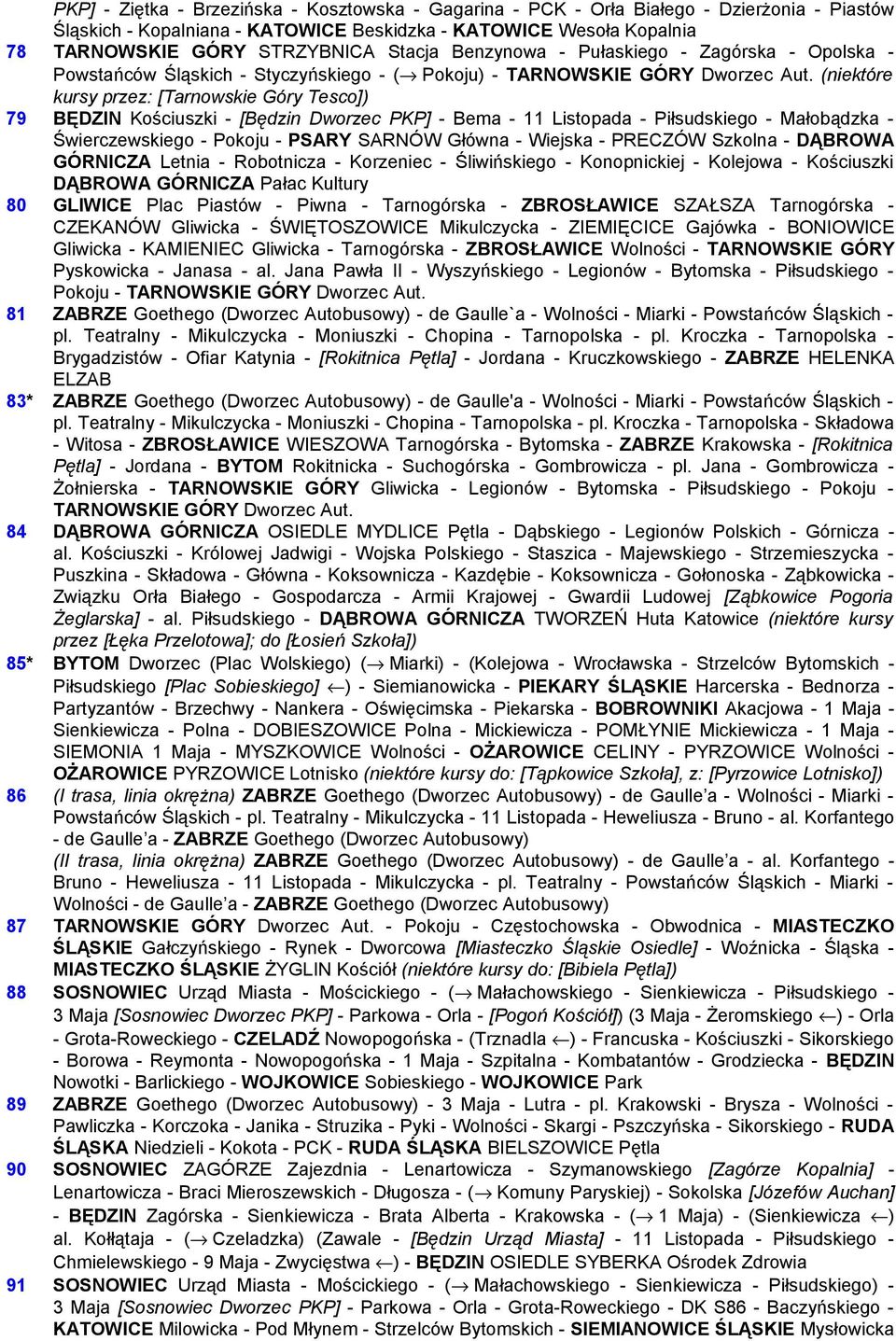 (niektóre kursy przez: [Tarnowskie Góry Tesco]) 79 BĘDZIN Kościuszki - [Będzin Dworzec PKP] - Bema - 11 Listopada - Piłsudskiego - Małobądzka - Świerczewskiego - Pokoju - PSARY SARNÓW Główna -