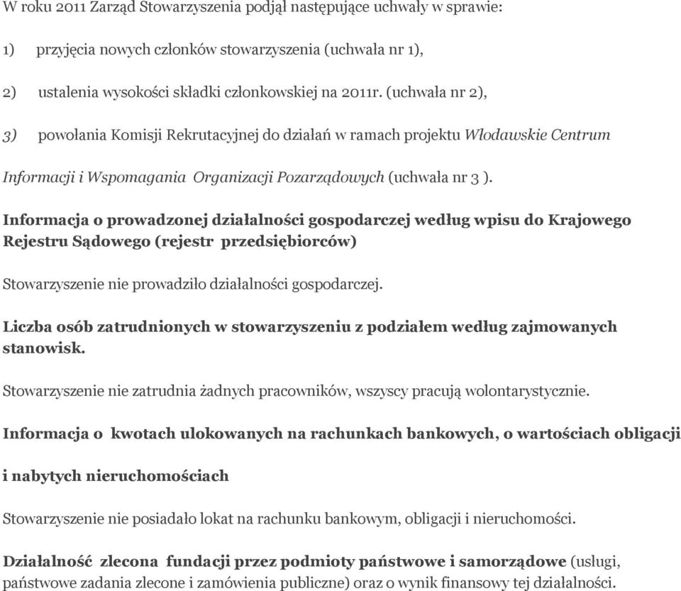 Informacja o prowadzonej działalności gospodarczej według wpisu do Krajowego Rejestru Sądowego (rejestr przedsiębiorców) Stowarzyszenie nie prowadziło działalności gospodarczej.