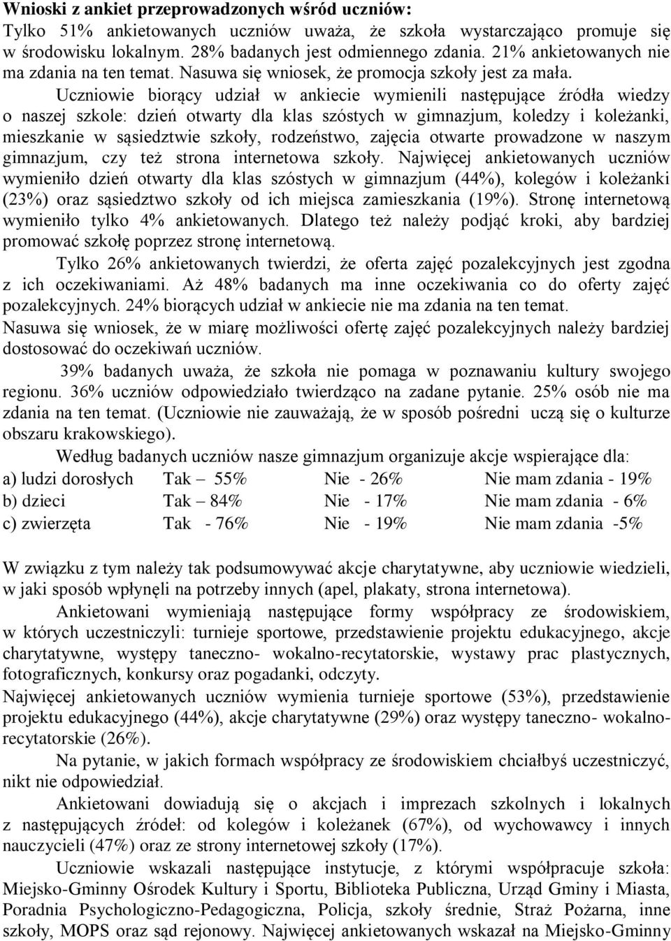 Uczniowie biorący udział w ankiecie wymienili następujące źródła wiedzy o naszej szkole: dzień otwarty dla klas szóstych w gimnazjum, koledzy i koleżanki, mieszkanie w sąsiedztwie szkoły, rodzeństwo,