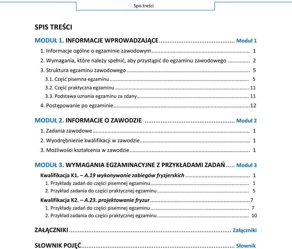 INFORMACJE O ZAWODZIE... Moduł 2 1. Zadania zawodowe... 1 2. Wyodrębnienie kwalifikacji w zawodzie... 1 3. Możliwości kształcenia w zawodzie... 1 MODUŁ 3. WYMAGANIA EGZAMINACYJNE Z PRZYKŁADAMI ZADAŃ.