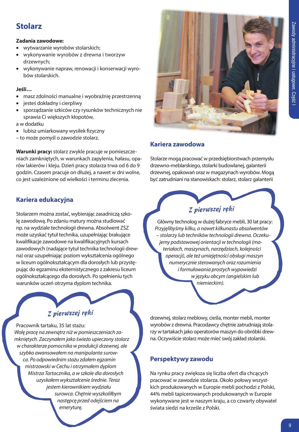 wysiłek fizyczny to może pomyśl o zawodzie stolarz. Warunki pracy: stolarz zwykle pracuje w pomieszczeniach zamkniętych, w warunkach zapylenia, hałasu, oparów lakierów i kleju.