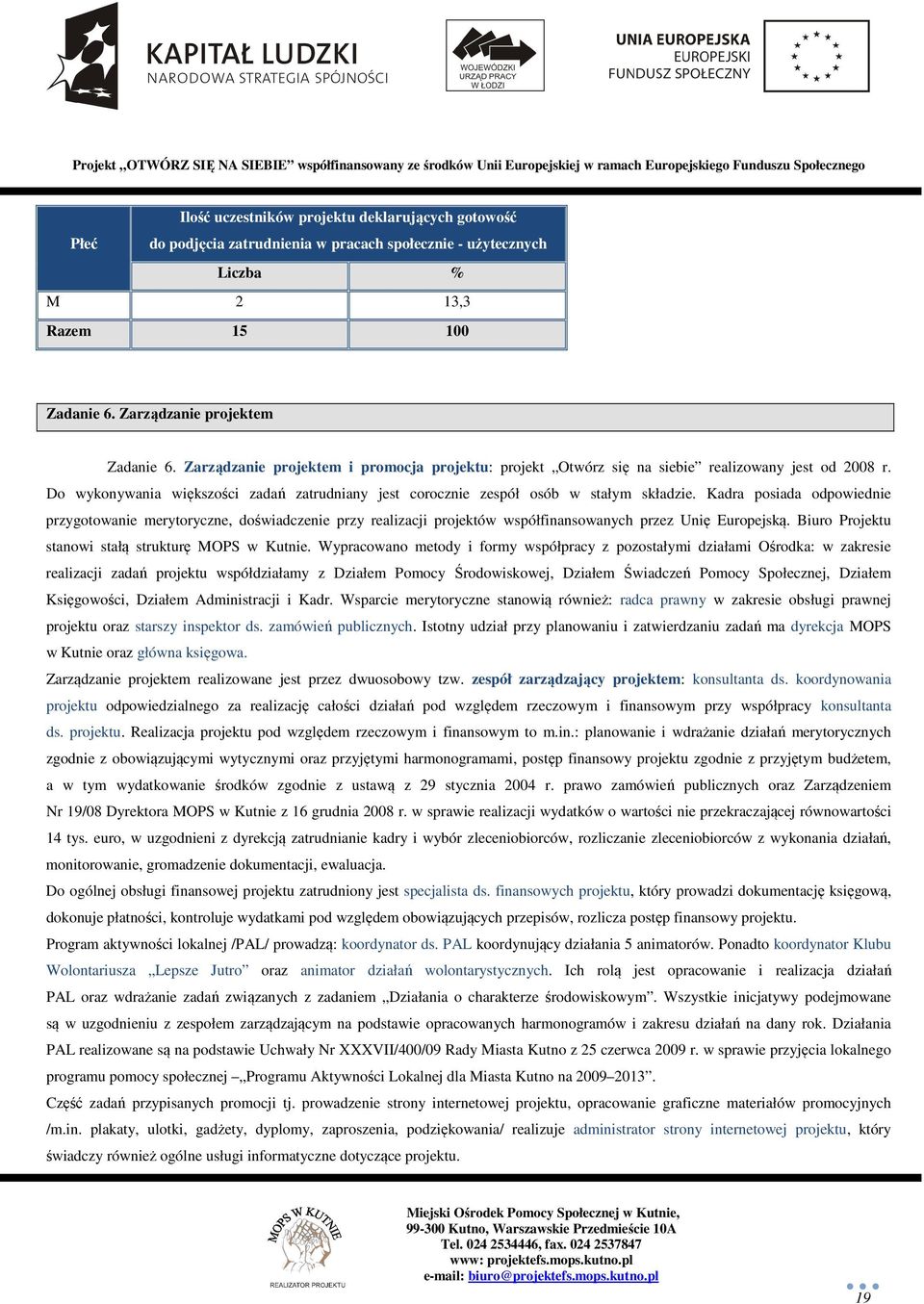 Kadra posiada odpowiednie przygotowanie merytoryczne, doświadczenie przy realizacji projektów współfinansowanych przez Unię Europejską. Biuro Projektu stanowi stałą strukturę MOPS w Kutnie.