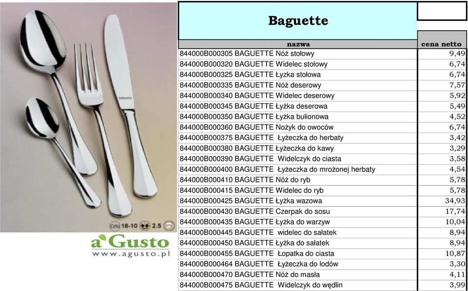 3,42 844000B000380 BAGUETTE Łyżeczka do kawy 3,29 844000B000390 BAGUETTE Widelczyk do ciasta 3,58 844000B000400 BAGUETTE Łyżeczka do mrożonej herbaty 4,54 844000B000410 BAGUETTE Nóż do ryb 5,78