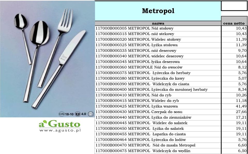 herbaty 5,76 117000B000380 METROPOL Łyżeczka do kawy 5,07 117000B000390 METROPOL Widelczyk do ciasta 5,76 117000B000400 METROPOL Łyżeczka do mrożonej herbaty 8,34 117000B000410 METROPOL Nóż do ryb