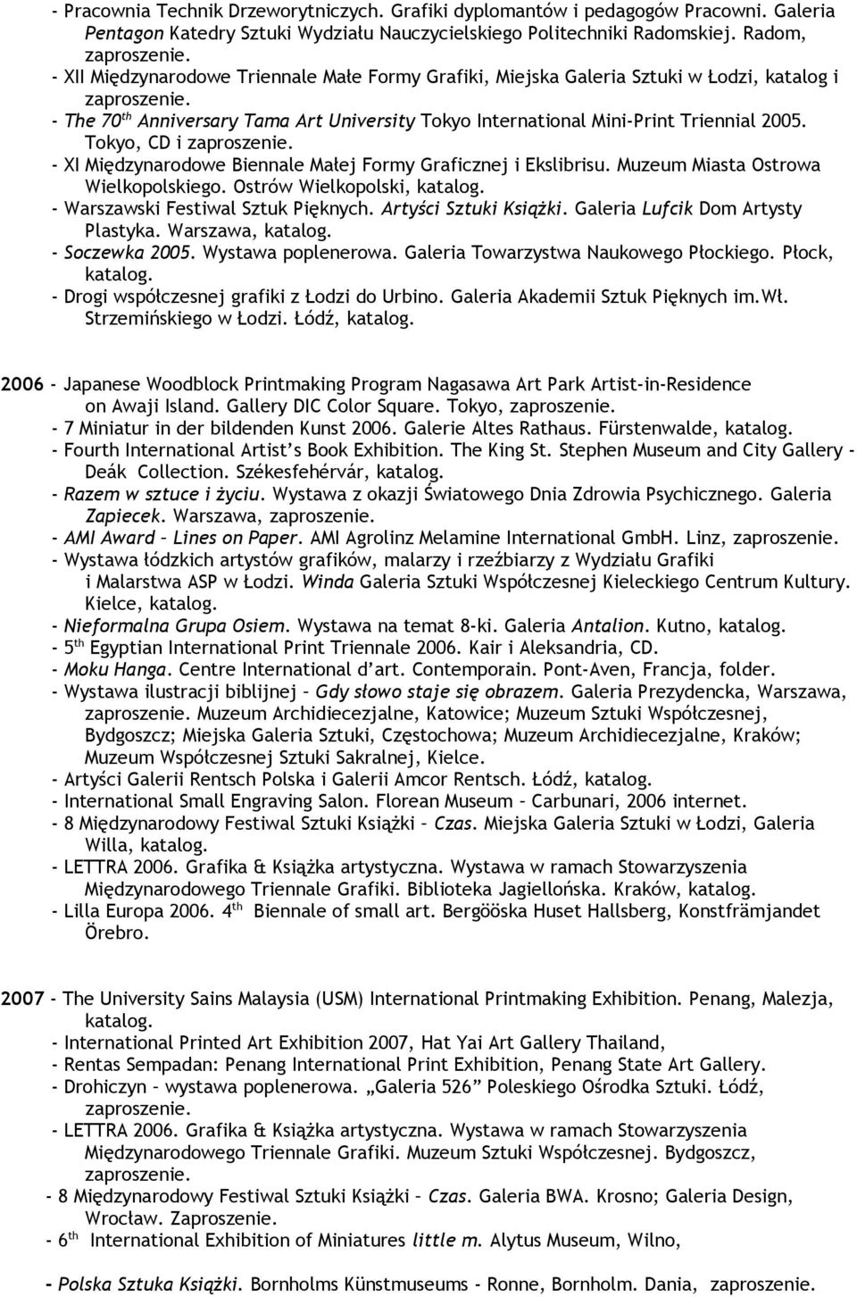 Tokyo, CD i - XI Międzynarodowe Biennale Małej Formy Graficznej i Ekslibrisu. Muzeum Miasta Ostrowa Wielkopolskiego. Ostrów Wielkopolski, - Warszawski Festiwal Sztuk Pięknych. Artyści Sztuki Książki.