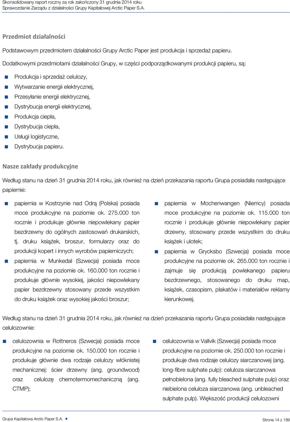 Dystrybucja energii elektrycznej, Produkcja ciepła, Dystrybucja ciepła, Usługi logistyczne, Dystrybucja papieru.