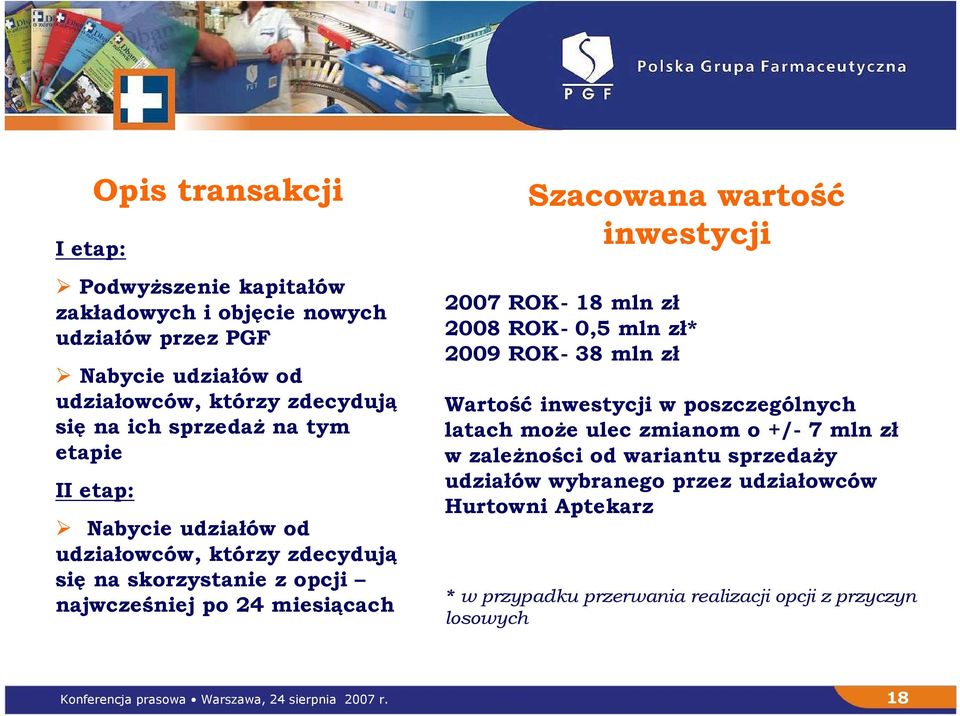 ROK- 18 mln zł 2008 ROK- 0,5 mln zł* 2009 ROK- 38 mln zł Wartość inwestycji w poszczególnych latach może ulec zmianom o +/- 7 mln zł w zależności od wariantu