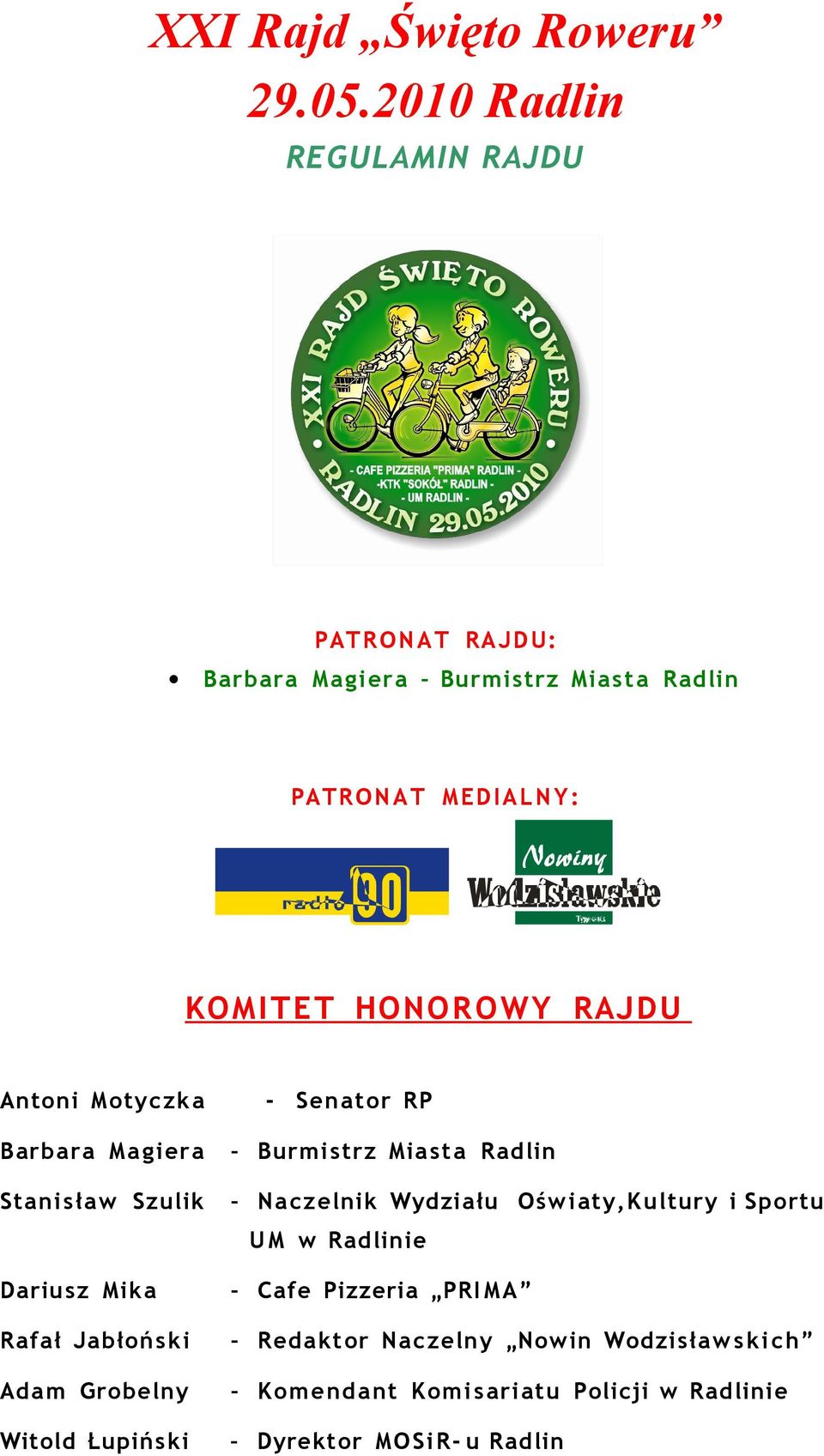 RAJDU Antoni Motyczka Barbara Ma giera Stanisław Szulik - Senator RP Burmistrz Mia st a Radlin Naczelnik Wydziału