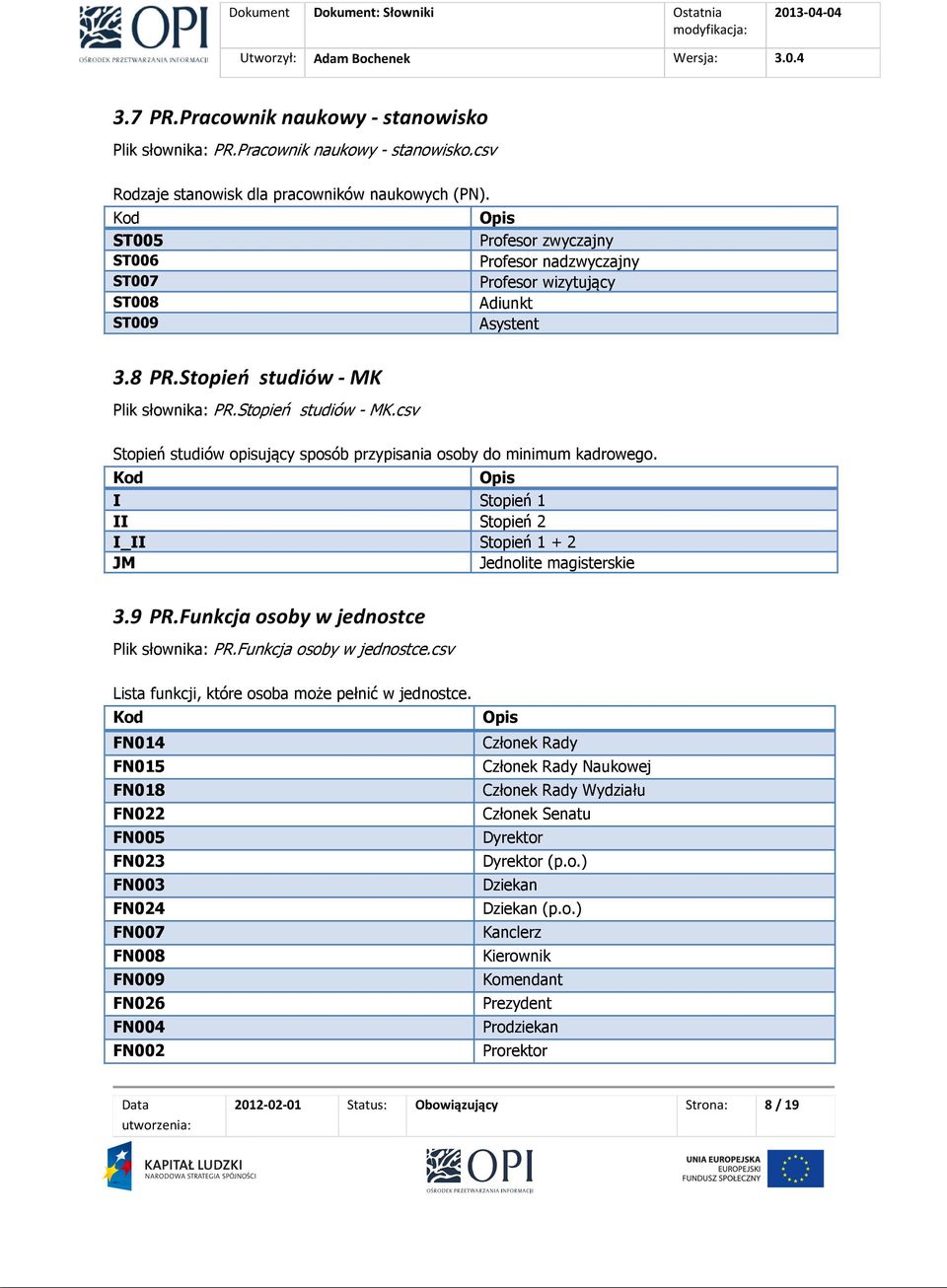 Plik słownika: PR.Stopień studiów - MK.csv Stopień studiów opisujący sposób przypisania osoby do minimum kadrowego. I Stopień 1 II Stopień 2 I_II Stopień 1 + 2 JM Jednolite magisterskie 3.9 PR.