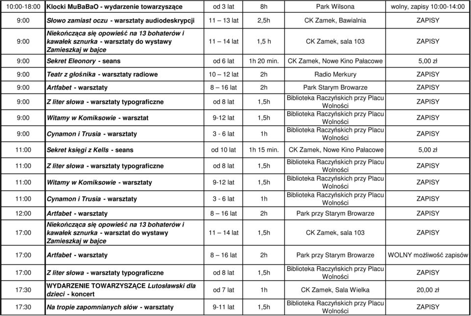 CK Zamek, Nowe Kino Pałacowe 5,00 zł Teatr z głośnika - warsztaty radiowe 10 12 lat 2h Radio Merkury Artfabet - warsztaty 8 16 lat 2h Park Starym Browarze Z liter słowa - warsztaty typograficzne od 8