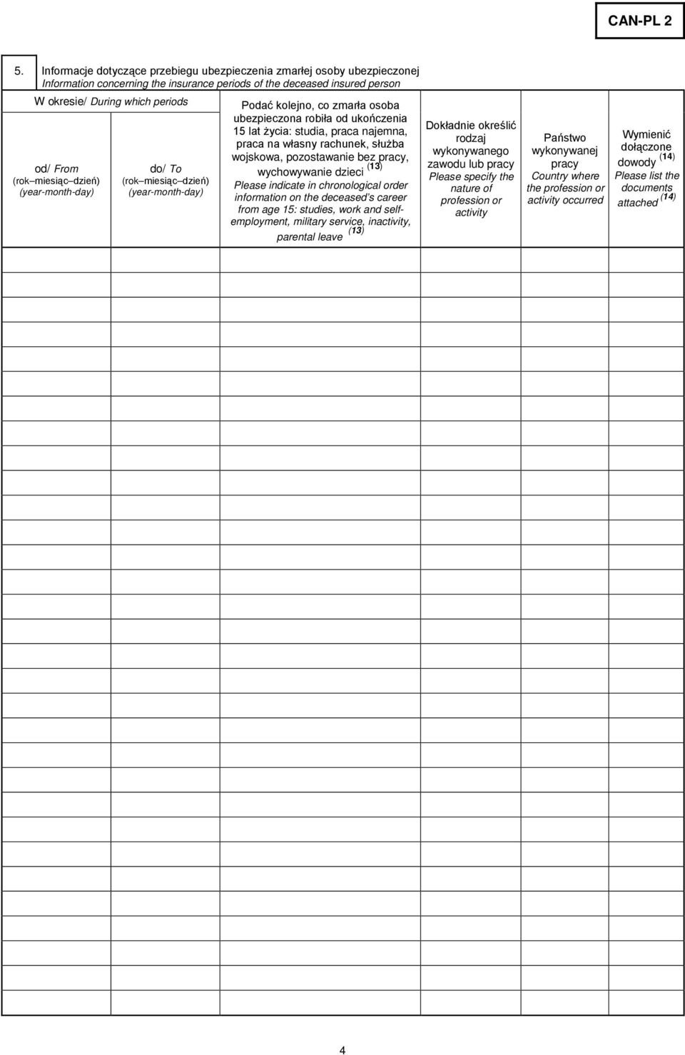 rachunek, służba wojskowa, pozostawanie bez pracy, wychowywanie dzieci (13) Please indicate in chronological order information on the deceased s career from age 15: studies, work and selfemployment,