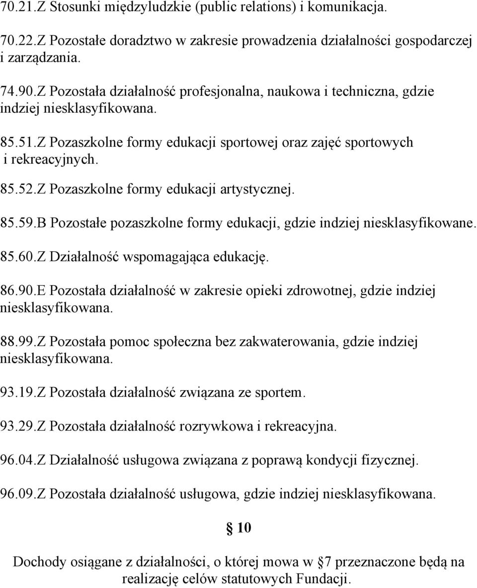 Z Pozaszkolne formy edukacji artystycznej. 85.59.B Pozostałe pozaszkolne formy edukacji, gdzie indziej niesklasyfikowane. 85.60.Z Działalność wspomagająca edukację. 86.90.