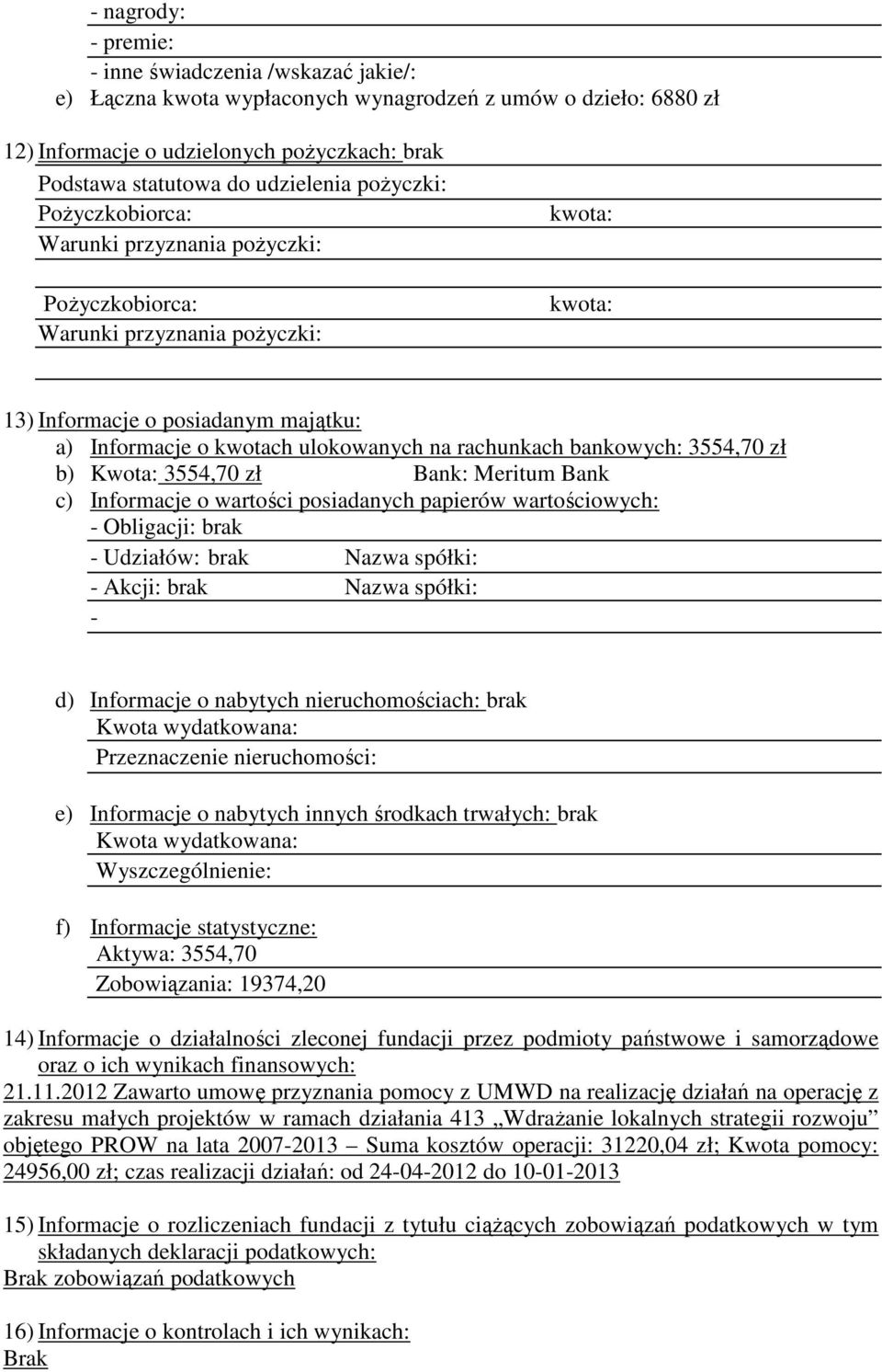 rachunkach bankowych: 3554,70 zł b) Kwota: 3554,70 zł Bank: Meritum Bank c) Informacje o wartości posiadanych papierów wartościowych: Obligacji: brak Udziałów: brak Nazwa spółki: Akcji: brak Nazwa