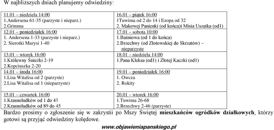 Makowej Panienki (od końca)i Misia Uszatka (od1) 17.01 sobota 10:00 1.Baśniowa (od 1 do końca) 2.Brzechwy (od Złotowskiej do Skrzatów) nieparzyste 18.01 niedziela 14:00 1.