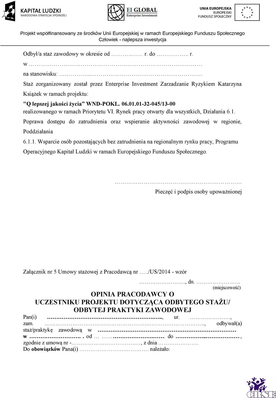 01-32-045/13-00 realizowanego w ramach Priorytetu VI. Rynek pracy otwarty dla wszystkich, Działania 6.1. Poprawa dostępu do zatrudnienia oraz wspieranie aktywności zawodowej w regionie, Poddziałania 6.