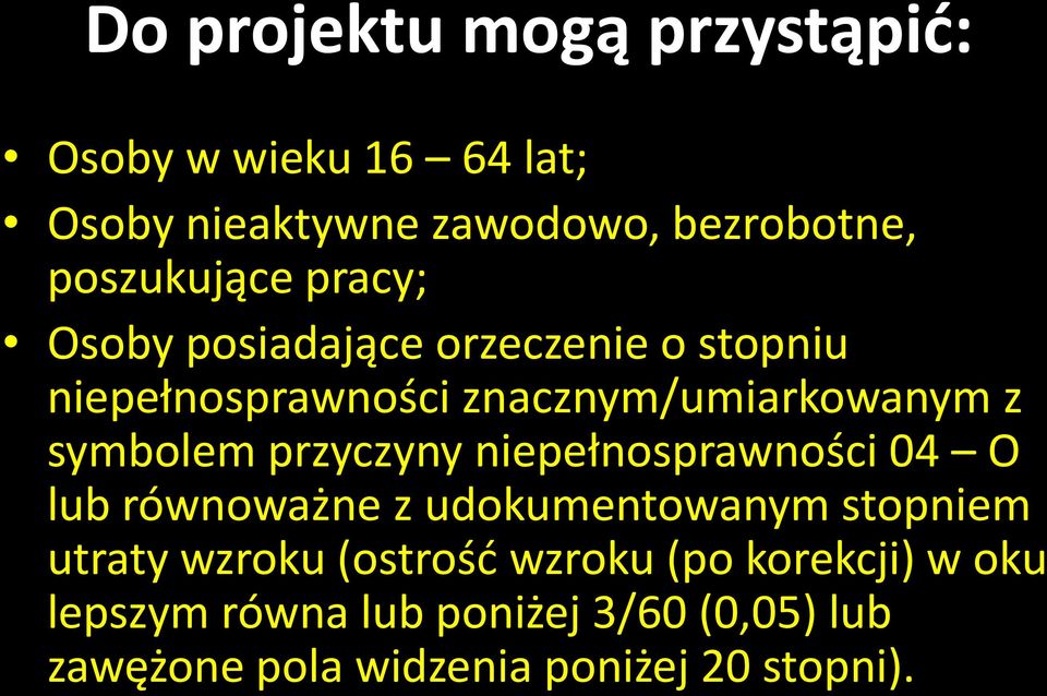 symbolem przyczyny niepełnosprawności 04 O lub równoważne z udokumentowanym stopniem utraty wzroku