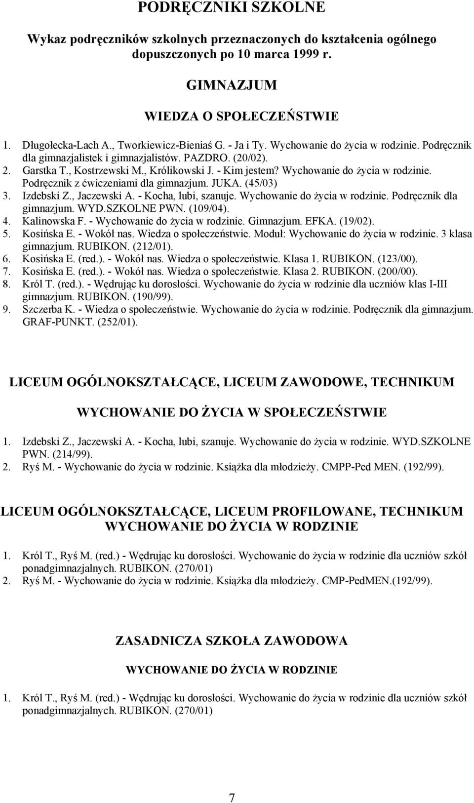 Wychowanie do życia w rodzinie. Podręcznik z ćwiczeniami dla gimnazjum. JUKA. (45/03) 3. Izdebski Z., Jaczewski A. - Kocha, lubi, szanuje. Wychowanie do życia w rodzinie. Podręcznik dla gimnazjum.