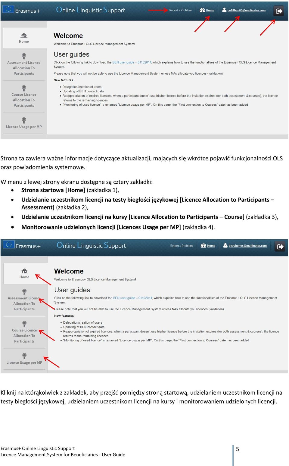 Participants Assessment] (zakładka 2), Udzielanie uczestnikom licencji na kursy [Licence Allocation to Participants Course] (zakładka 3), Monitorowanie udzielonych licencji [Licences