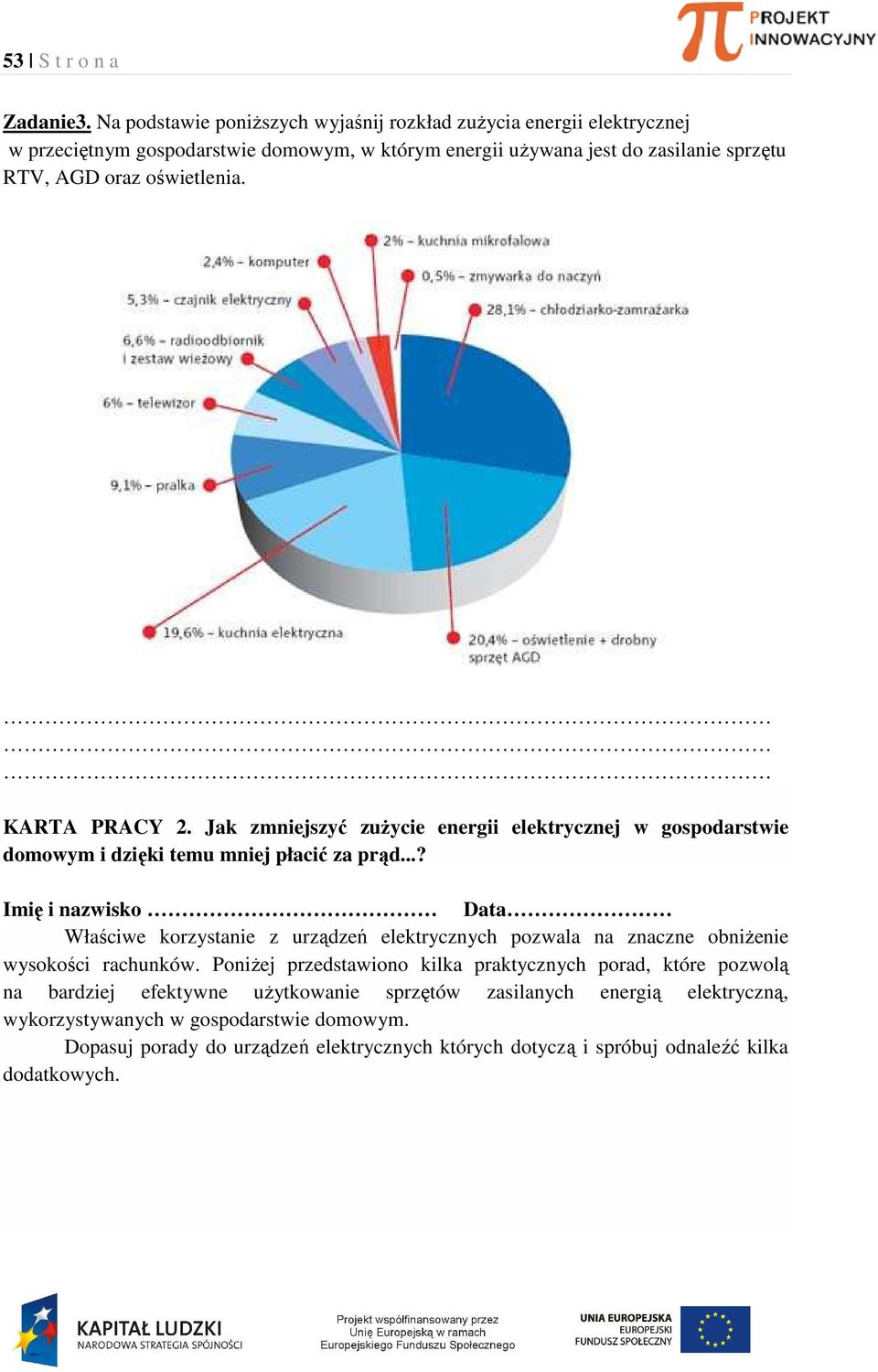 oświetlenia. KARTA PRACY 2. Jak zmniejszyć zużycie energii elektrycznej w gospodarstwie domowym i dzięki temu mniej płacić za prąd.