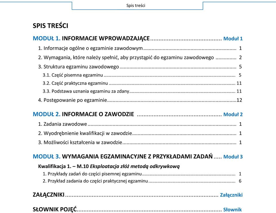 INFORMACJE O ZAWODZIE... Moduł 2 1. Zadania zawodowe... 1 2. Wyodrębnienie kwalifikacji w zawodzie... 1 3. Możliwości kształcenia w zawodzie... 1 MODUŁ 3. WYMAGANIA EGZAMINACYJNE Z PRZYKŁADAMI ZADAŃ.