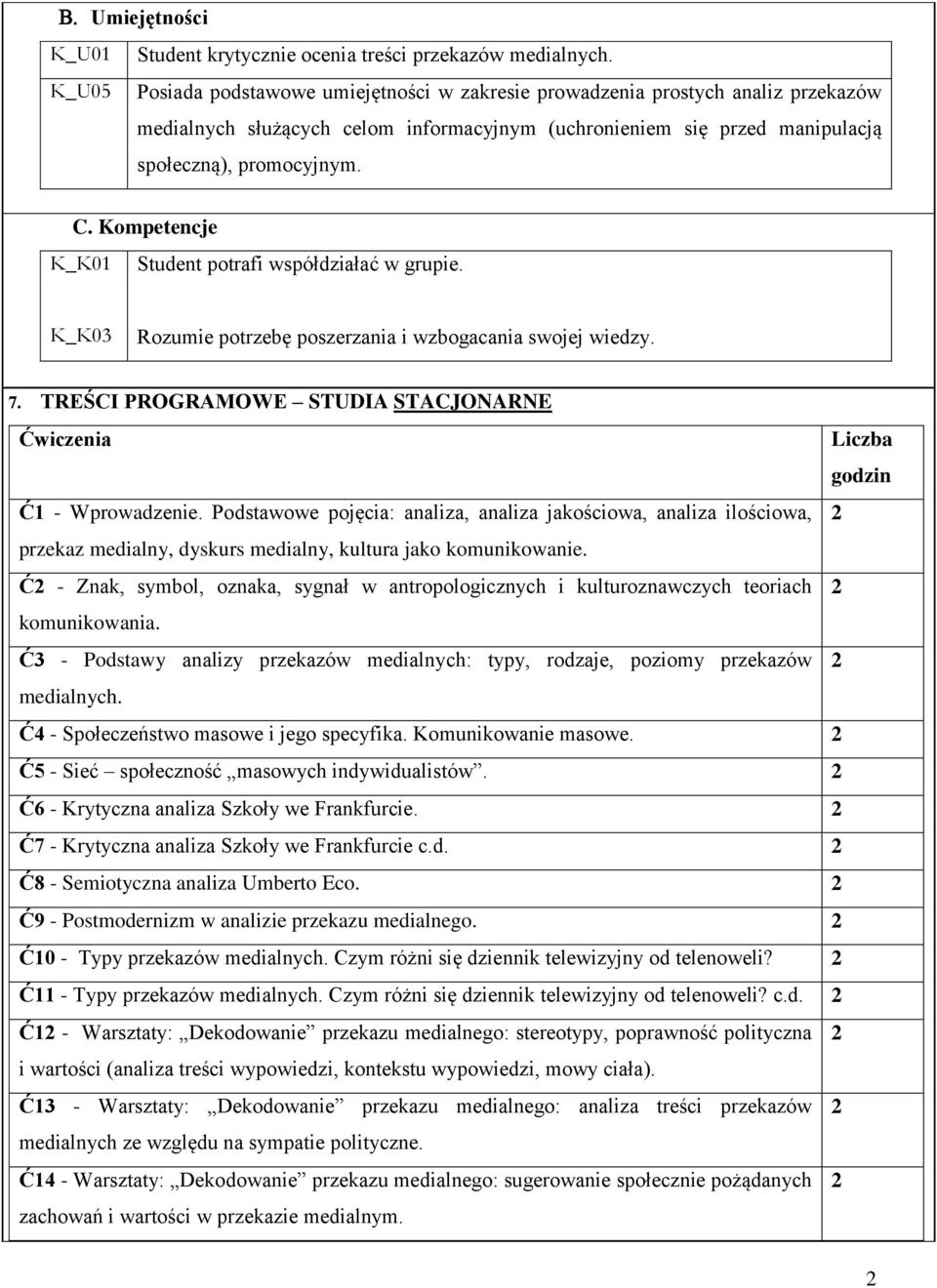 Kompetencje K_K0 Student potrafi współdziałać w grupie. K_K03 Rozumie potrzebę poszerzania i wzbogacania swojej wiedzy. 7. TREŚCI PROGRAMOWE STUDIA STACJONARNE Liczba godzin Ć - Wprowadzenie.