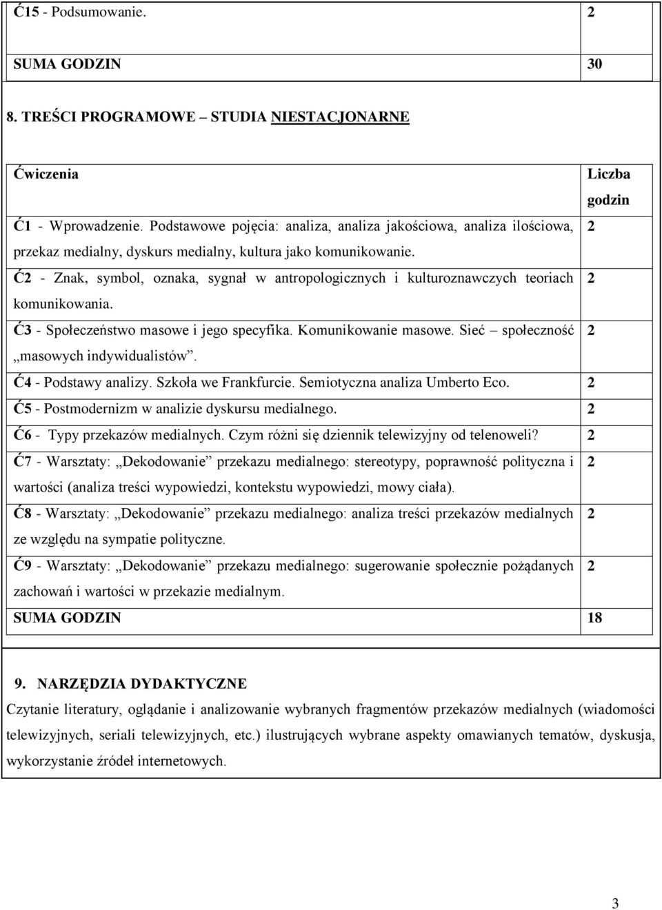 Ć - Znak, symbol, oznaka, sygnał w antropologicznych i kulturoznawczych teoriach komunikowania. Ć3 - Społeczeństwo masowe i jego specyfika. Komunikowanie masowe.